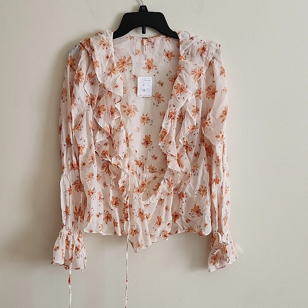 Free People Rust Cream Ruffled Wrap Blouse Boho Womens Large